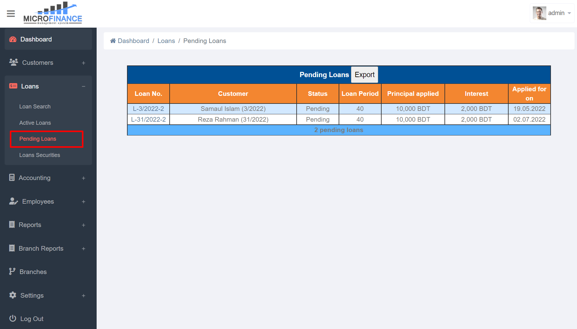 Pending Loan